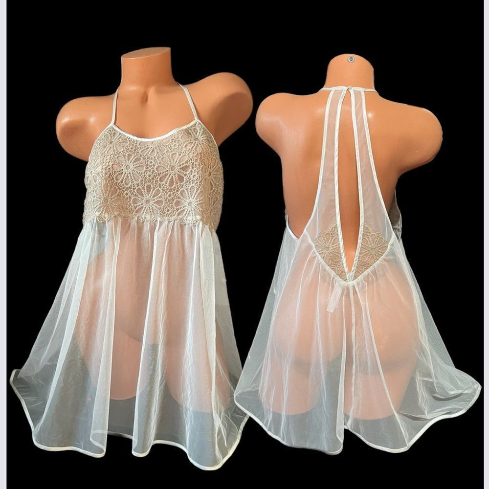 Victorias Secret Crochet Lace Front / Sexy Sheer Mesh babydoll Racerback Large